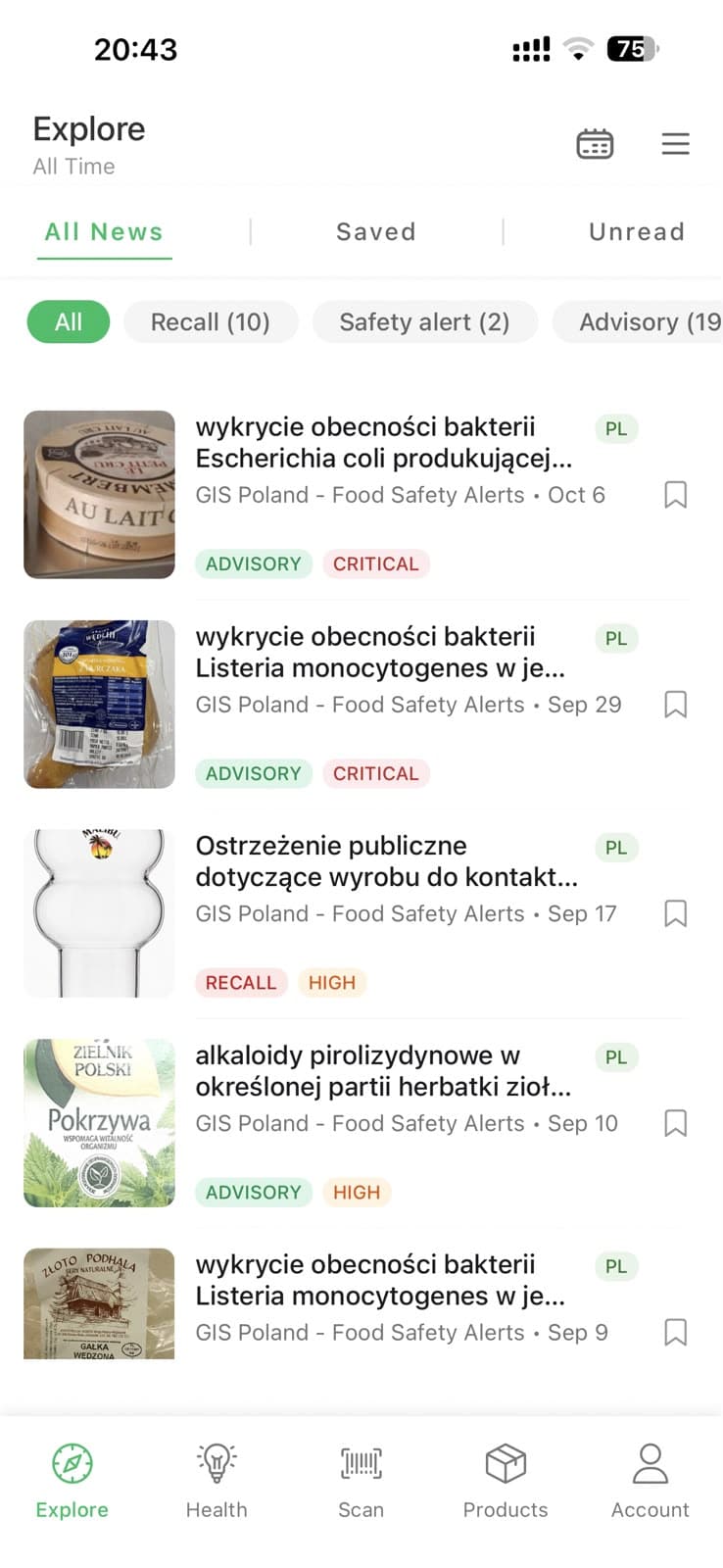 Minzo app — Explore food-safety news
