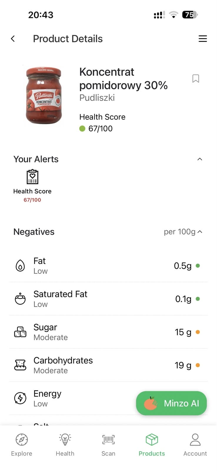 Minzo app — product details with Health Score