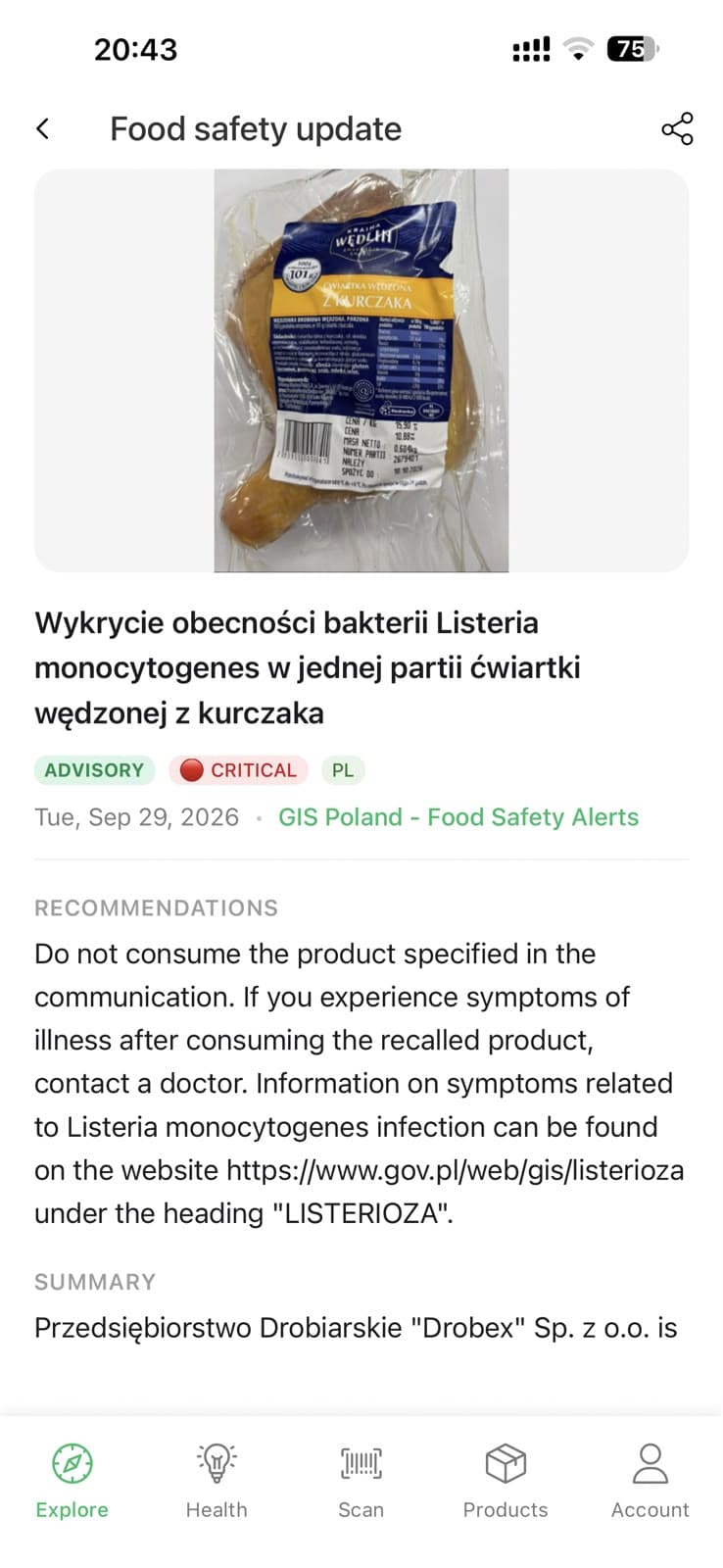 Minzo app — Explore food-safety news